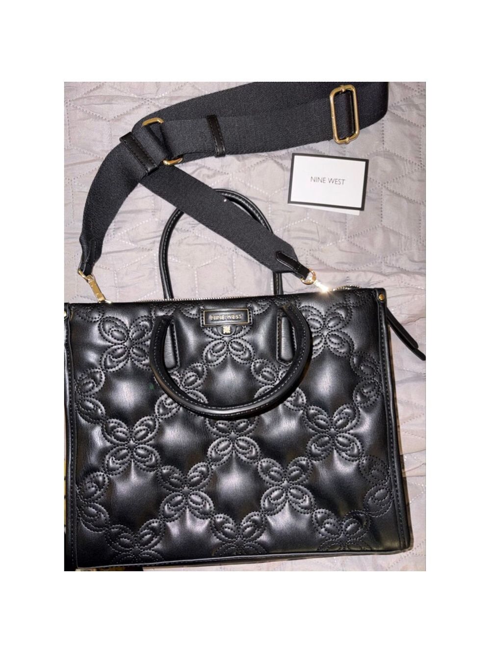 NWOT Nine West Black Quilted Satchel with Guitar Strap